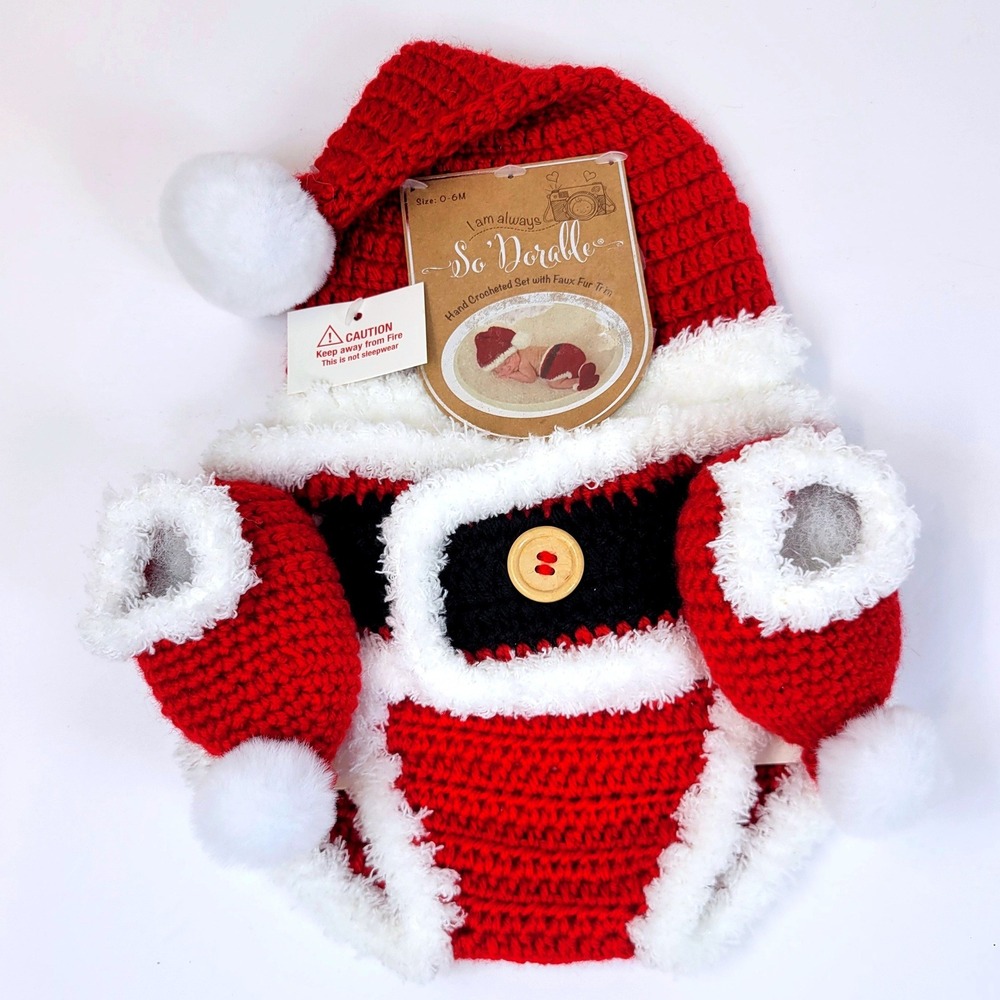 So'Dorable Santa Photography Set Hand Crocheted Red White Baby 0-6M NEW